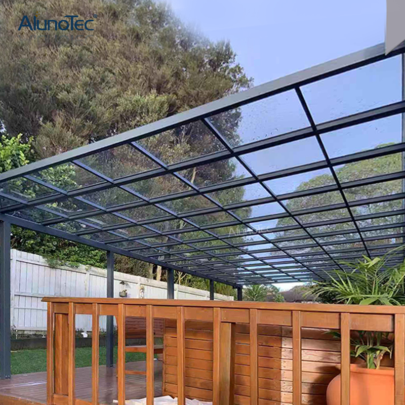  Wasserdichte Aluminium-Terrassenmarkise, Polycarbonat-Terrassendachrinne, außen gebogenes Vordach
